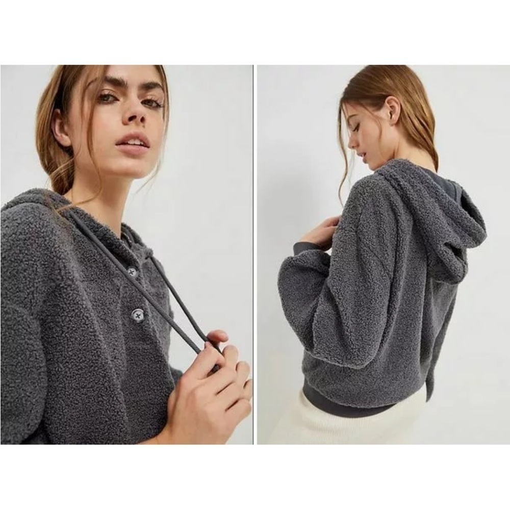 Anthropologie Current Air Sherpa Hoodie Gray Faux Shearling Sweater Size S - Picture 3 of 13